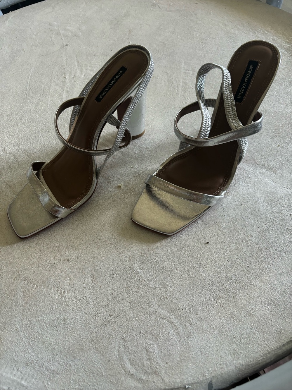 BCBGMaxAzria Metallic Silver Strappy Block Heel Sandals